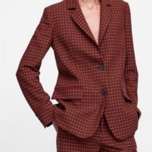 RARE LIKE NEW! Zara Burgundy Checkered Blazer Tops Shirts Womens Size XS - Picture 7 of 8